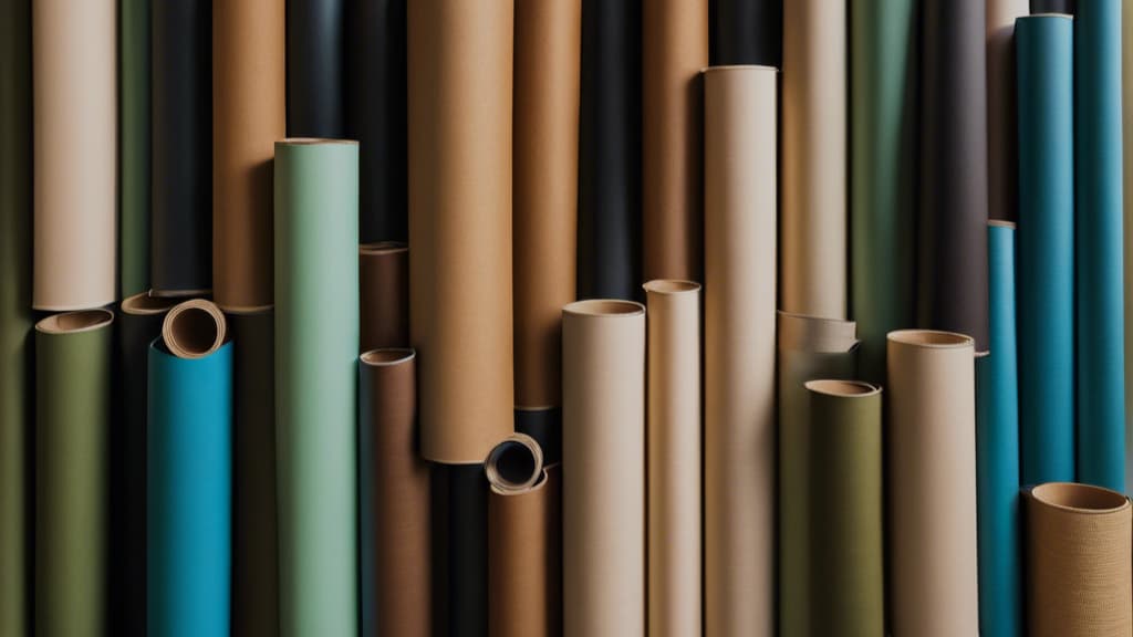 Shades of blue, green, brown, tan, and black swimming pool vinyl fabric rolled on cardboar